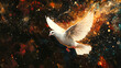 © Anoo - A white dove soars from the shadows into fiery splendor, amid swirling smoke and vibrant colors in a fantasy illustration style
