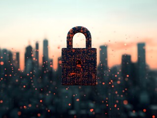 Poster - Digital padlock symbol against a blurred city skyline representing cybersecurity, data protection, and privacy in the modern urban environment at sunset.