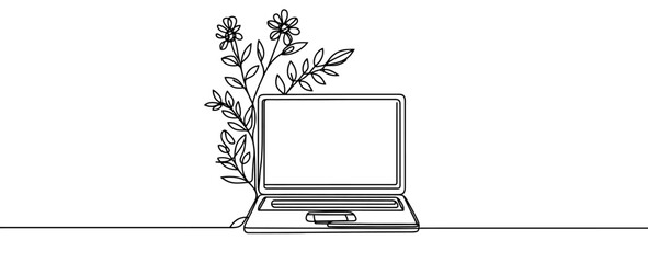 Wall Mural - continuous line is drawing a laptop computer on a white background. vector illustration.