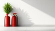© 69 - Vibrant Green Plant and Red Fire Extinguishers Against Minimalist White Wall in Modern Interior Design Setting with Strong Shadows and Clean Lines