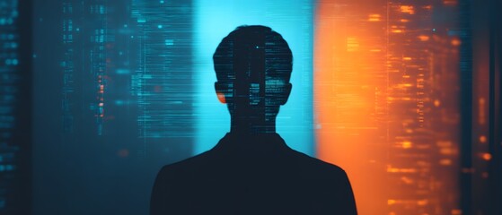 Aufkleber - Silhouette of a Person Standing Against Digital Background with Bright Colors Depicting Technology and Data Processing Concepts