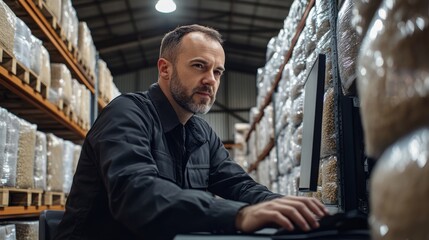 Canvas Print - A focused man works on a computer amid stacked goods in a warehouse, highlighting logistics and inventory management.