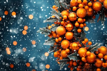 Wall Mural - Frosty orange berries on a branch in heavy snowfall symbolizing winter’s resilience and natural beauty with a focus on vibrant seasonal details and textures