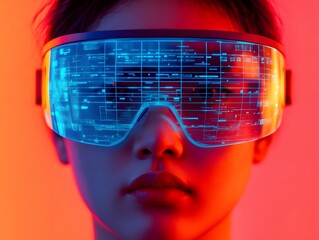 Aufkleber - Futuristic Young Person Wearing Advanced Virtual Reality Headset with Neon Illuminations Reflecting High-Tech Data and Digital Information in an Ultra-Modern Environment
