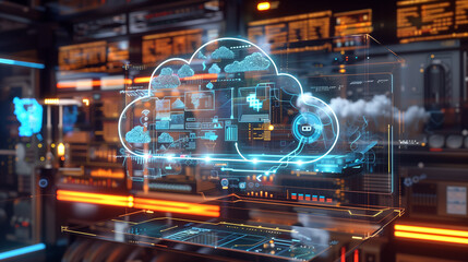 Wall Mural - augmented reality interface highlighting a cloud management system, with firewalls, user access logs