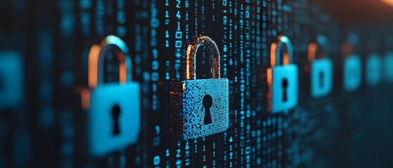 Poster - Digital locks on a dark background with binary code representing cybersecurity, data protection, and encryption in a high-tech environment