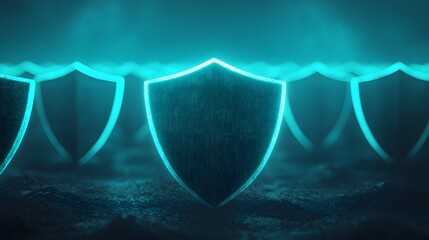 Aufkleber - Futuristic digital shields glowing in a dark environment, representing protection, security, defense, and technology in a cyber theme for graphics and media content.