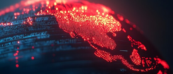 Poster - Abstract Digital Globe Representation with Illuminated Red Data Points Illustrating Global Connectivity Across the Asian Region at Dusk