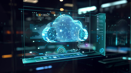 Wall Mural - holographic ar display of cloud data centers with multiple protective layers, real-time threat detec