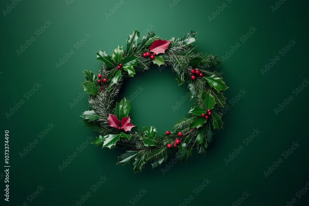 Traditional green holiday wreath with red ribbons pinecones and small ...