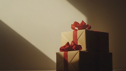 Wall Mural - Two elegantly wrapped gifts with red ribbons, illuminated by soft light and shadows.