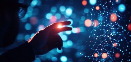 Wall Mural - a hand reaches out to colorful digital connections in a futuristic environment, symbolizing technolo
