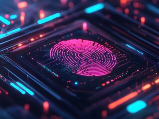 Poster - Abstract Digital Illustration of a Neon Pink Fingerprint on a Futuristic Circuit Board with Glowing Blue and Red Elements Showcasing Advanced Technology Concepts