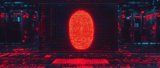 Poster - Futuristic Digital Fingerprint Display in Cyber Security Environment with Neon Red Highlights and High-Tech Background Elements