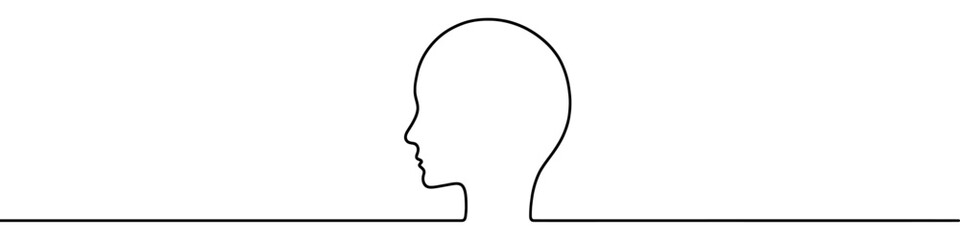 Wall Mural - Continuous line drawing representing human head, isolated on white background. Line art of human head
