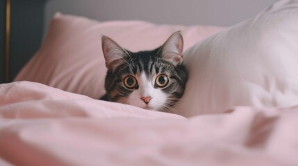 Wall Mural - Detail of sleeping cat's head peering out of pink duvet on girl's bed 
