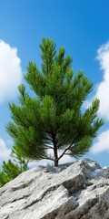 Canvas Print - A small tree is growing on a rock. The sky is blue and there are some clouds in the background