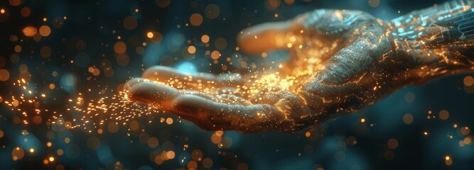 Human and Robot Hand Touching on AI and Big Data Network, Machine Learning and Digital Technology, Futuristic Business Innovation and Science, Hyper Realistic High-Resolution Photography