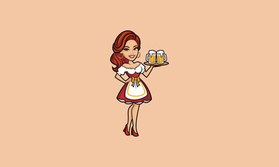 Smiling waitress in traditional dress holding beer tray.