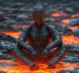 A statue made of volcanic lava, person in fire