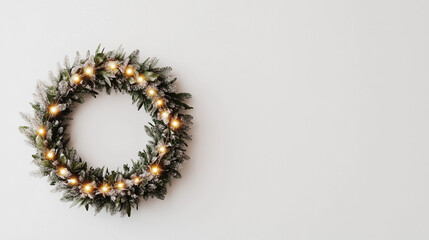 Wall Mural - A decorative wreath adorned with lights and greenery against a simple background.