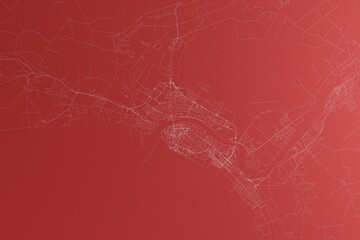 Wall Mural - Map of the streets of Parnu (Estonia) made with white lines on red paper. Top view, rough background. 3d render, illustration