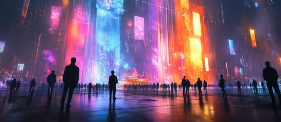 Wall Mural - silhouettes of people standing in a futuristic city with glowing neon lights.
