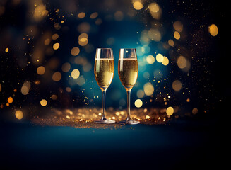 Aufkleber - Two champagne flutes filled with sparkling wine sit on a dark blue surface with a blurred background of golden bokeh lights.