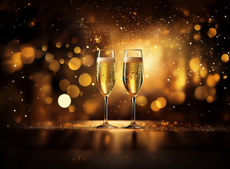 Poster - Two champagne flutes filled with bubbly sit on a table with a dark and golden bokeh background.