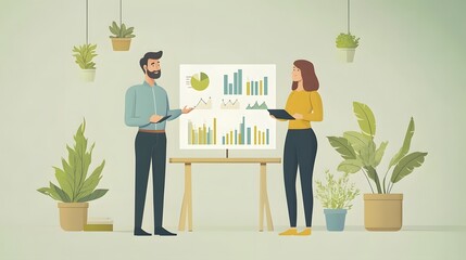 Wall Mural - Business illustration showing two people analyzing data with presentation screen, featuring charts and graphs on light green background in flat vector art style.