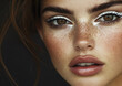 © DenisMArt - Studio beauty portrait of beautiful woman with soft natural skin and white eye line makeup on black background.Macro.AI Generative.