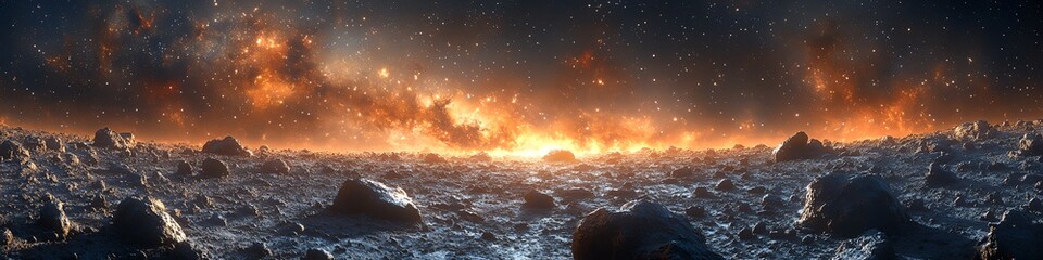 Wall Mural - a space scene with a bright orange sun in the background. the sky is filled with stars and the groun