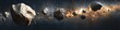 © inspiretta - A series of space rocks are shown in the sky. The rocks are scattered in various sizes and positions, creating a sense of chaos and destruction. The image conveys a feeling of danger