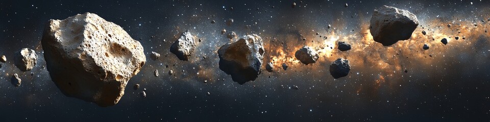 A series of space rocks are shown in the sky. The rocks are scattered in various sizes and positions, creating a sense of chaos and destruction. The image conveys a feeling of danger