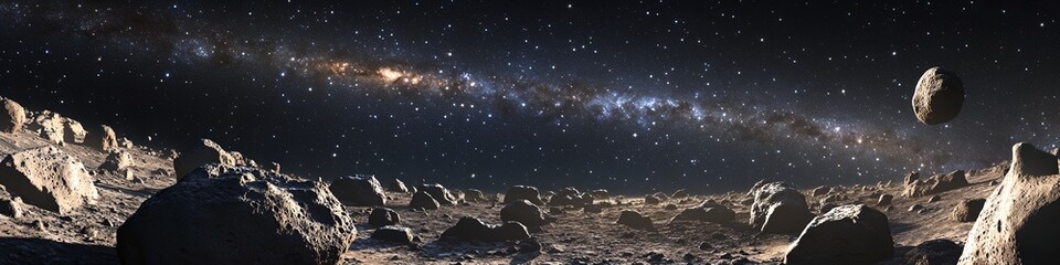 Wall Mural - a space scene with a large rock in the foreground and a large cloud of stars in the background