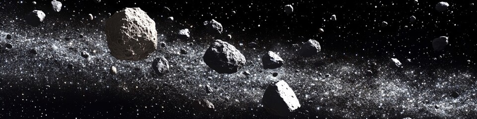 Wall Mural - a black and white photo of a galaxy with a lot of space debris. the debris is scattered throughout t