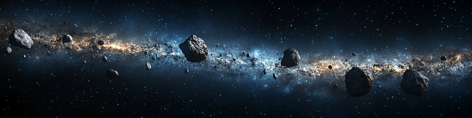 Wall Mural - a long space with a blue background and a lot of space debris. the debris is scattered all over the 