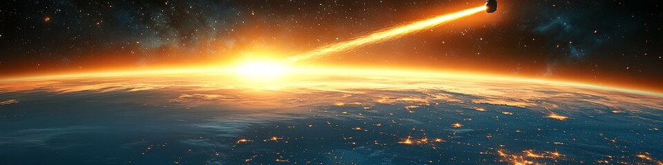 Wall Mural - a space shot of a planet with a bright sun in the background. the sun is setting and the sky is fill