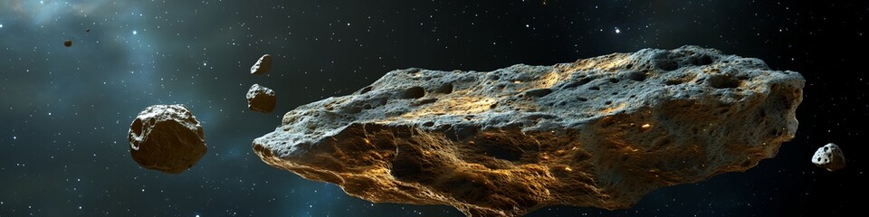 Wall Mural - a large rock is floating in space with several smaller rocks surrounding it. the scene is dark and m
