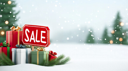 Wall Mural - Festive holiday sale with gift boxes and snow