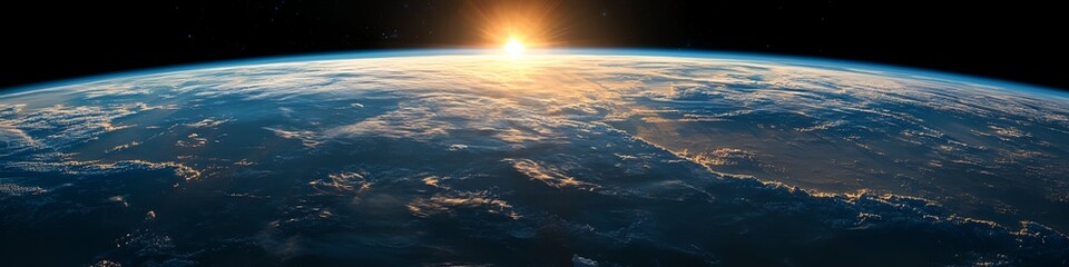 Wall Mural - the sun is setting over the earth, casting a warm glow over the planet. the sky is filled with cloud