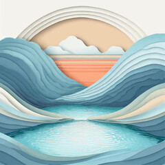 Wall Mural - Paysage lacustre stylisé avec collines en papier découpé
