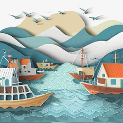 Wall Mural - Scène portuaire avec bateaux et montagnes en arrière-plan
