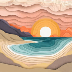 Wall Mural - Paysage de coucher de soleil sur la mer avec collines ondulantes en découpage de papier
