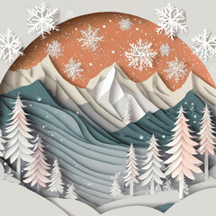 Wall Mural - Forêt enneigée avec montagnes et gros flocons de neige en découpage de papier
