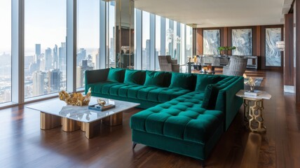 Canvas Print - Luxurious Open-Concept Living Room with Emerald Green Sofa and City Skyline Views