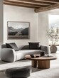 © Agus - Modern Living Room Interior with Curved Sofa, Wooden Coffee Table, and Mountain Landscape Print