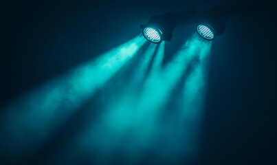 Sticker - Two blue spotlights illuminating a foggy atmosphere, creating a dramatic effect.