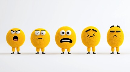 Poster - Vibrant and expressive yellow emoji icons showcasing a range of emotions including boredom excitement happiness and confusion isolated on a clean white background for a minimalist