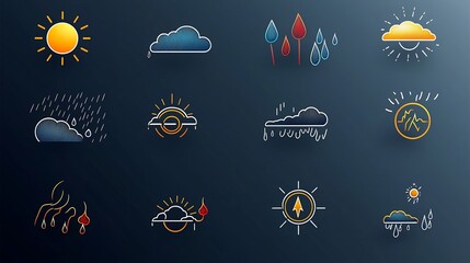 Poster - Comprehensive Collection of Editable Weather Icons Featuring Sunny Rainy Cloudy and Storm Symbols in Flat Style for Digital UI Web and App Design